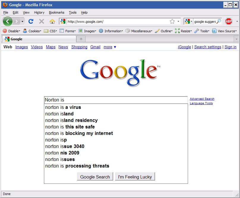 Google suggest: Norton is